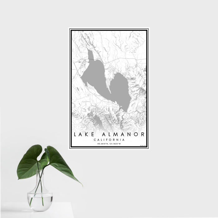 16x24 Lake Almanor California Map Print Portrait Orientation in Classic Style With Tropical Plant Leaves in Water