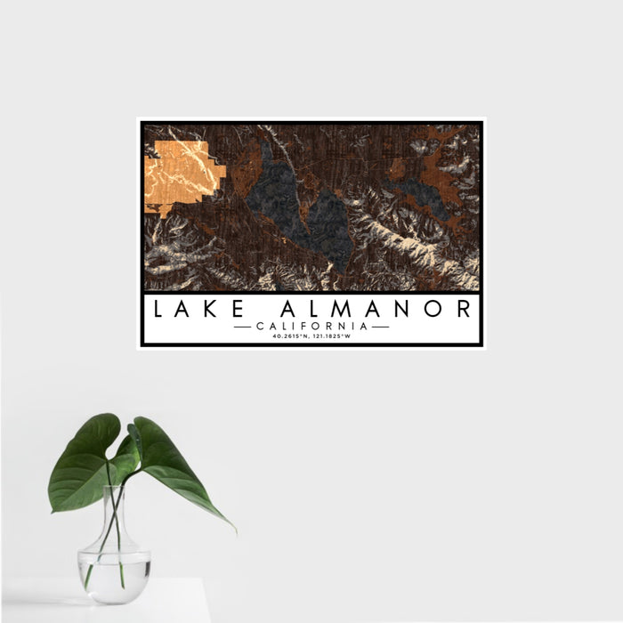 16x24 Lake Almanor California Map Print Landscape Orientation in Ember Style With Tropical Plant Leaves in Water