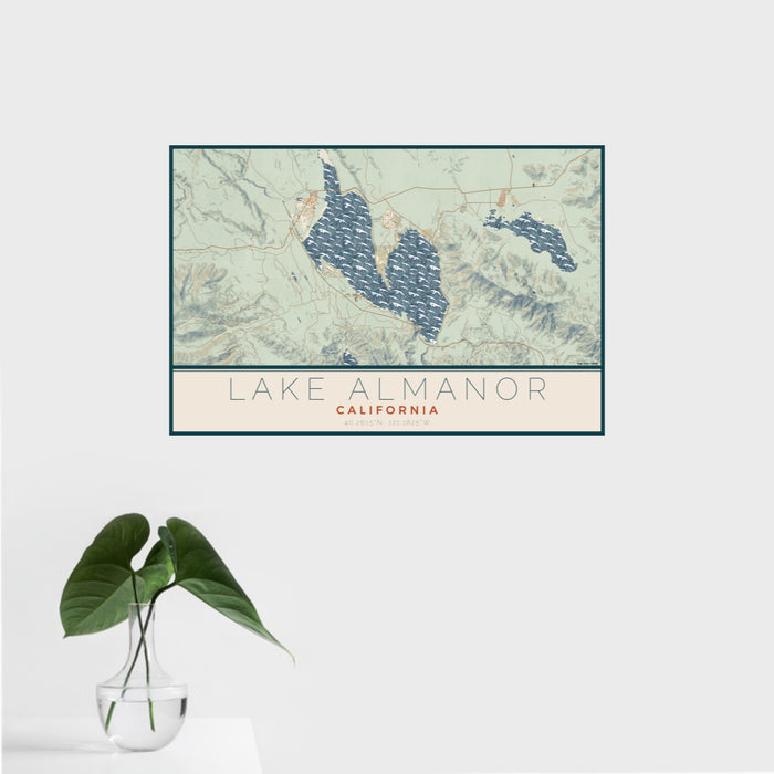 16x24 Lake Almanor California Map Print Landscape Orientation in Woodblock Style With Tropical Plant Leaves in Water