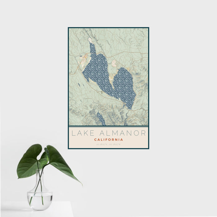 16x24 Lake Almanor California Map Print Portrait Orientation in Woodblock Style With Tropical Plant Leaves in Water