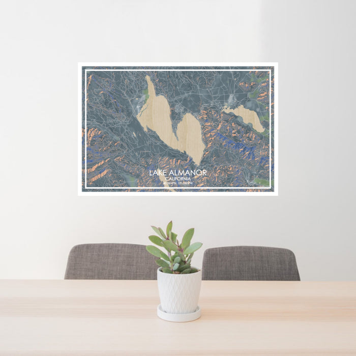24x36 Lake Almanor California Map Print Lanscape Orientation in Afternoon Style Behind 2 Chairs Table and Potted Plant