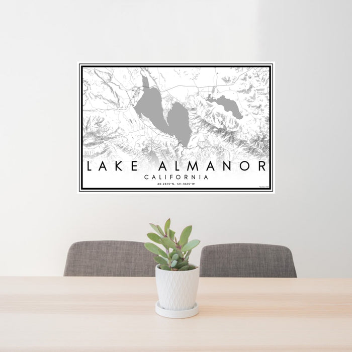 24x36 Lake Almanor California Map Print Lanscape Orientation in Classic Style Behind 2 Chairs Table and Potted Plant