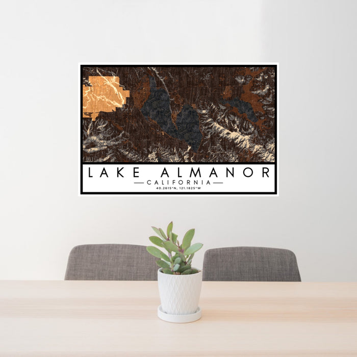 24x36 Lake Almanor California Map Print Lanscape Orientation in Ember Style Behind 2 Chairs Table and Potted Plant