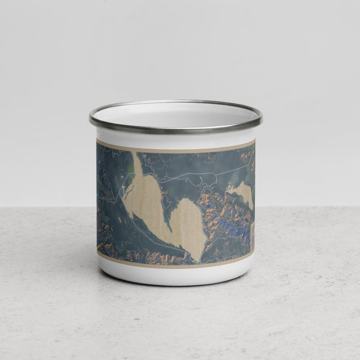 Front View Custom Lake Almanor California Map Enamel Mug in Afternoon