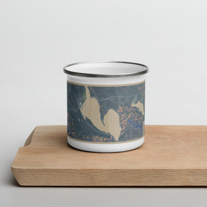 Front View Custom Lake Almanor California Map Enamel Mug in Afternoon on Cutting Board