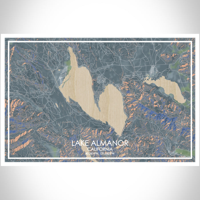 Lake Almanor California Map Print Landscape Orientation in Afternoon Style With Shaded Background