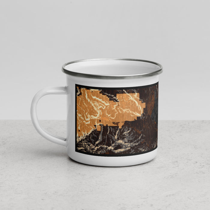 Left View Custom Lake Almanor California Map Enamel Mug in Ember