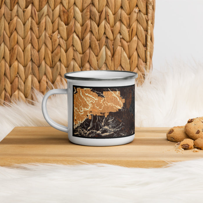Left View Custom Lake Almanor California Map Enamel Mug in Ember on Table Top
