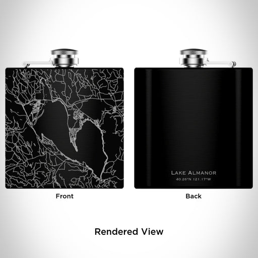 Rendered View of Lake Almanor California Map Engraving on 6oz Stainless Steel Flask in Black