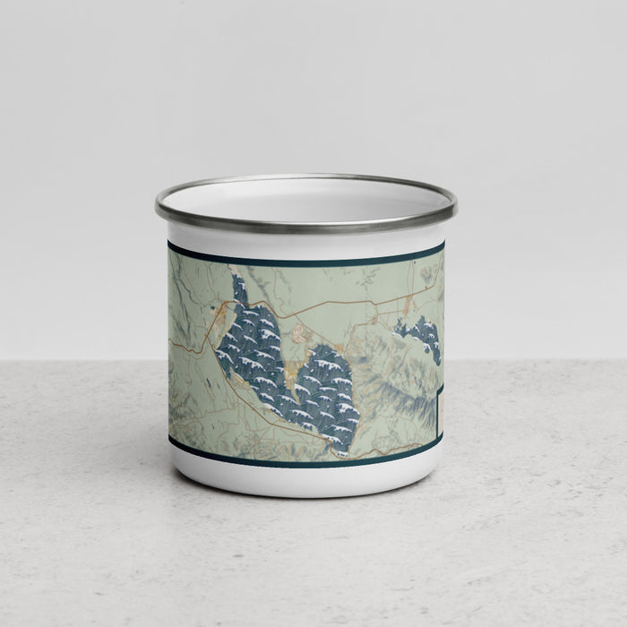 Front View Custom Lake Almanor California Map Enamel Mug in Woodblock