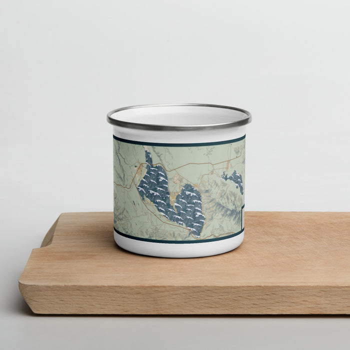 Front View Custom Lake Almanor California Map Enamel Mug in Woodblock on Cutting Board
