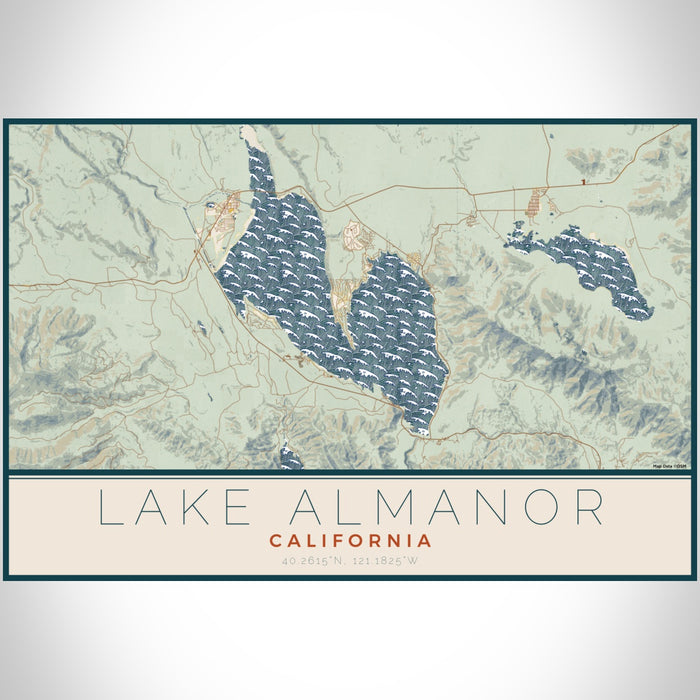 Lake Almanor California Map Print Landscape Orientation in Woodblock Style With Shaded Background