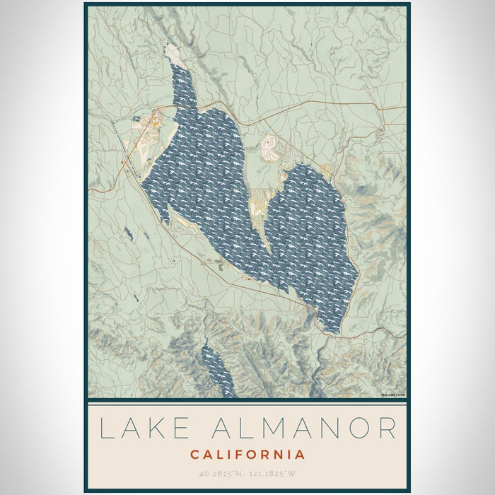 Lake Almanor California Map Print Portrait Orientation in Woodblock Style With Shaded Background
