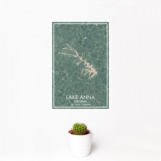 12x18 Lake Anna Virginia Map Print Portrait Orientation in Afternoon Style With Small Cactus Plant in White Planter