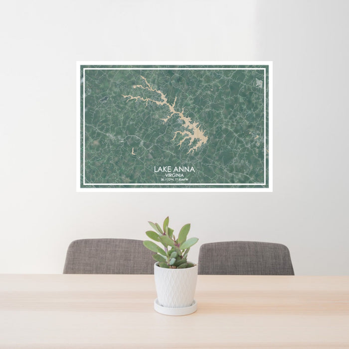 24x36 Lake Anna Virginia Map Print Lanscape Orientation in Afternoon Style Behind 2 Chairs Table and Potted Plant
