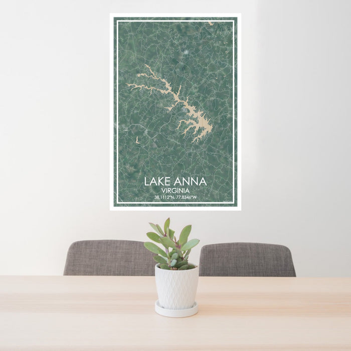 24x36 Lake Anna Virginia Map Print Portrait Orientation in Afternoon Style Behind 2 Chairs Table and Potted Plant