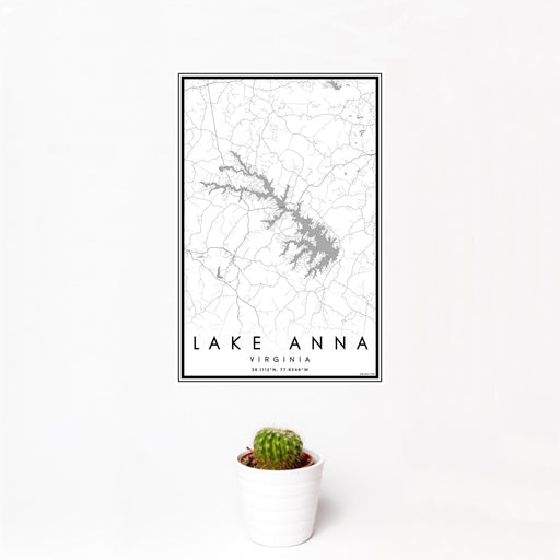 12x18 Lake Anna Virginia Map Print Portrait Orientation in Classic Style With Small Cactus Plant in White Planter