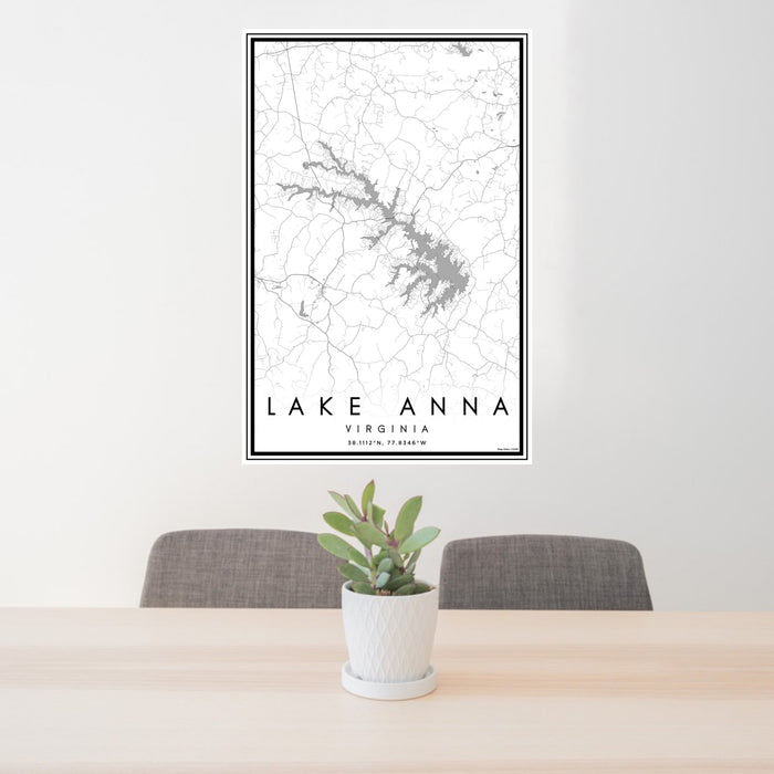 24x36 Lake Anna Virginia Map Print Portrait Orientation in Classic Style Behind 2 Chairs Table and Potted Plant