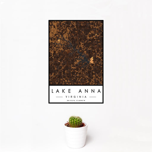 12x18 Lake Anna Virginia Map Print Portrait Orientation in Ember Style With Small Cactus Plant in White Planter