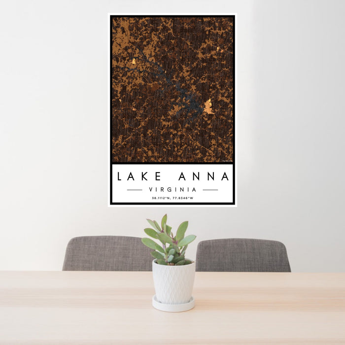 24x36 Lake Anna Virginia Map Print Portrait Orientation in Ember Style Behind 2 Chairs Table and Potted Plant