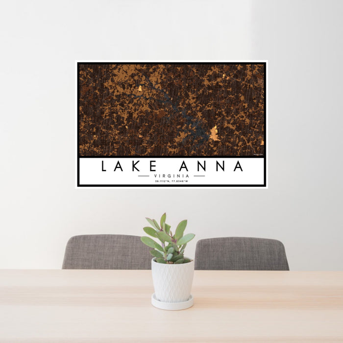 24x36 Lake Anna Virginia Map Print Landscape Orientation in Ember Style Behind 2 Chairs Table and Potted Plant