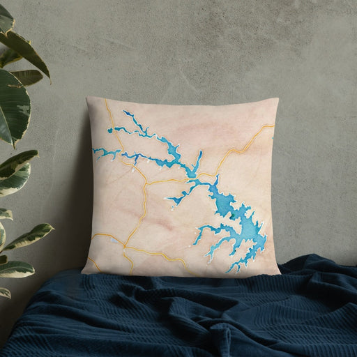 Custom Lake Anna Virginia Map Throw Pillow in Watercolor on Bedding Against Wall