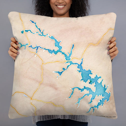 Person holding 22x22 Custom Lake Anna Virginia Map Throw Pillow in Watercolor