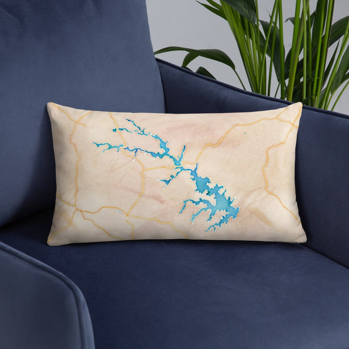 Custom Lake Anna Virginia Map Throw Pillow in Watercolor on Blue Colored Chair