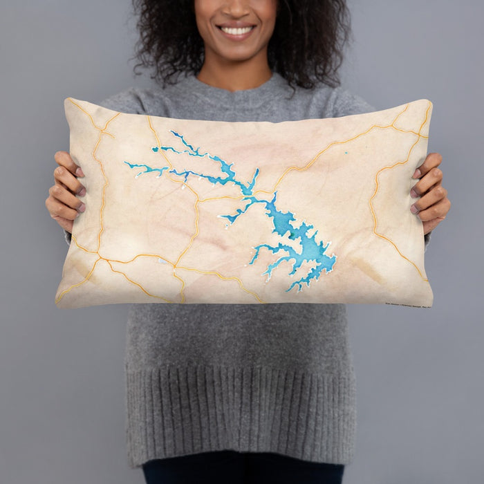 Person holding 20x12 Custom Lake Anna Virginia Map Throw Pillow in Watercolor