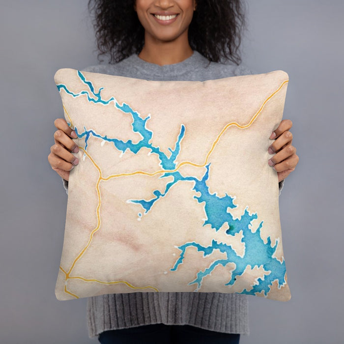 Person holding 18x18 Custom Lake Anna Virginia Map Throw Pillow in Watercolor