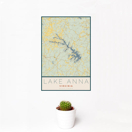 12x18 Lake Anna Virginia Map Print Portrait Orientation in Woodblock Style With Small Cactus Plant in White Planter