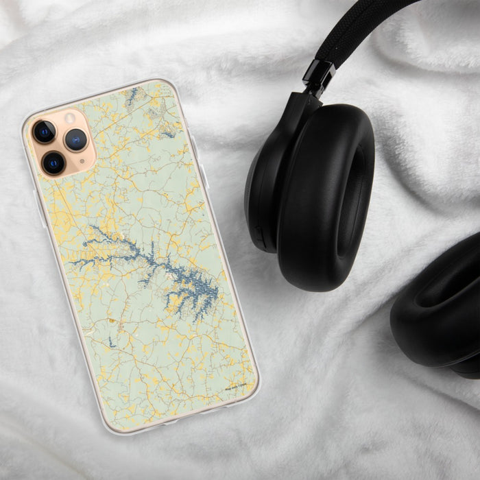 Custom Lake Anna Virginia Map Phone Case in Woodblock on Table with Black Headphones
