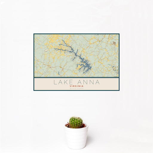 12x18 Lake Anna Virginia Map Print Landscape Orientation in Woodblock Style With Small Cactus Plant in White Planter