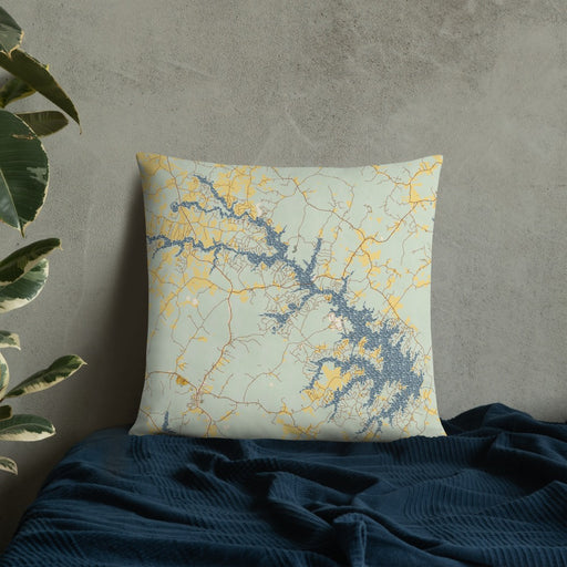 Custom Lake Anna Virginia Map Throw Pillow in Woodblock on Bedding Against Wall