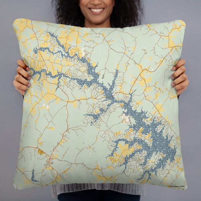 Person holding 22x22 Custom Lake Anna Virginia Map Throw Pillow in Woodblock