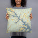 Person holding 18x18 Custom Lake Anna Virginia Map Throw Pillow in Woodblock