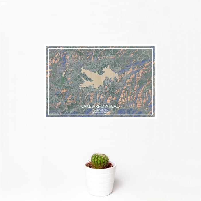 12x18 Lake Arrowhead California Map Print Landscape Orientation in Afternoon Style With Small Cactus Plant in White Planter