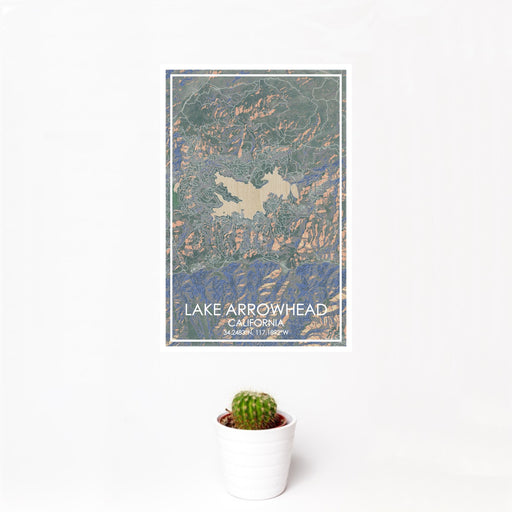 12x18 Lake Arrowhead California Map Print Portrait Orientation in Afternoon Style With Small Cactus Plant in White Planter