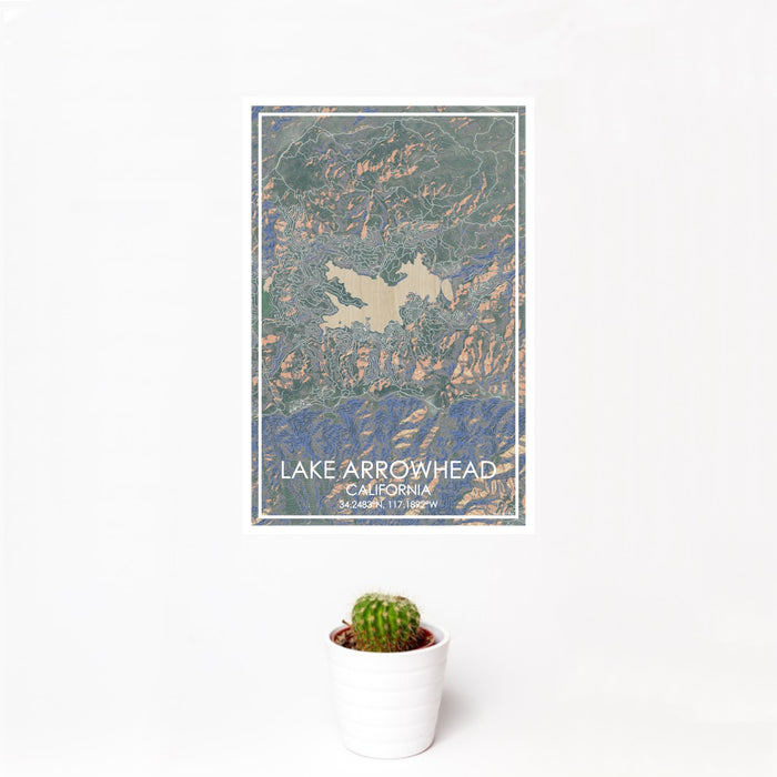 12x18 Lake Arrowhead California Map Print Portrait Orientation in Afternoon Style With Small Cactus Plant in White Planter