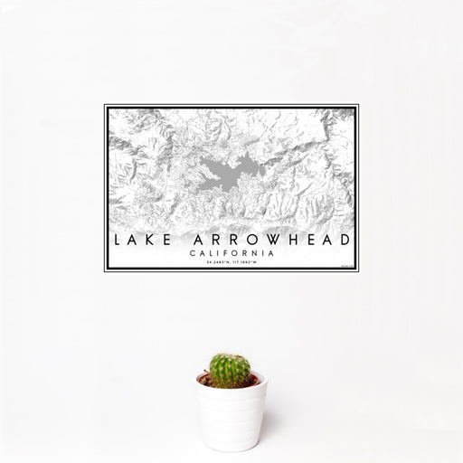 12x18 Lake Arrowhead California Map Print Landscape Orientation in Classic Style With Small Cactus Plant in White Planter