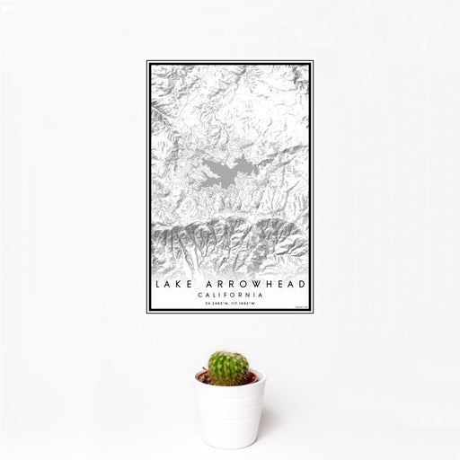 12x18 Lake Arrowhead California Map Print Portrait Orientation in Classic Style With Small Cactus Plant in White Planter