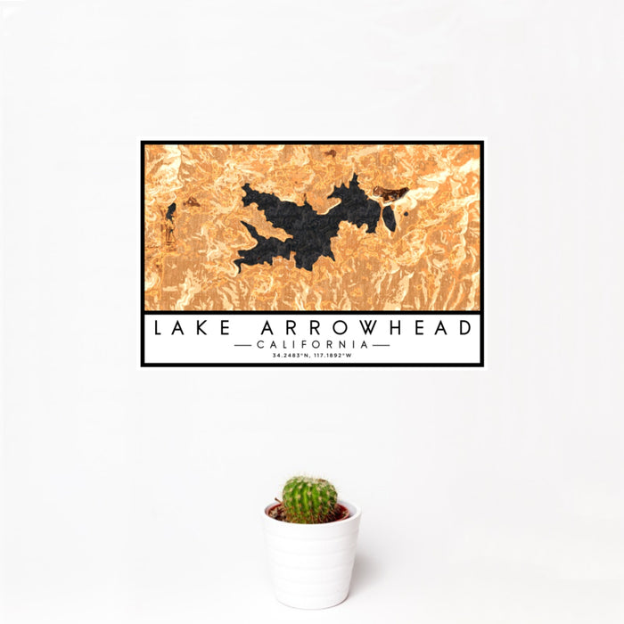 12x18 Lake Arrowhead California Map Print Landscape Orientation in Ember Style With Small Cactus Plant in White Planter