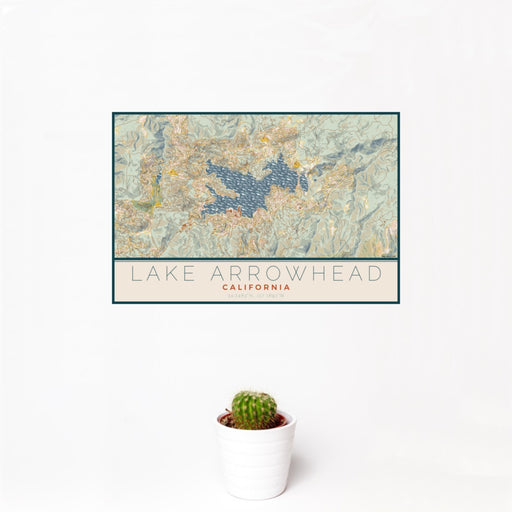 12x18 Lake Arrowhead California Map Print Landscape Orientation in Woodblock Style With Small Cactus Plant in White Planter