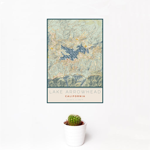 12x18 Lake Arrowhead California Map Print Portrait Orientation in Woodblock Style With Small Cactus Plant in White Planter