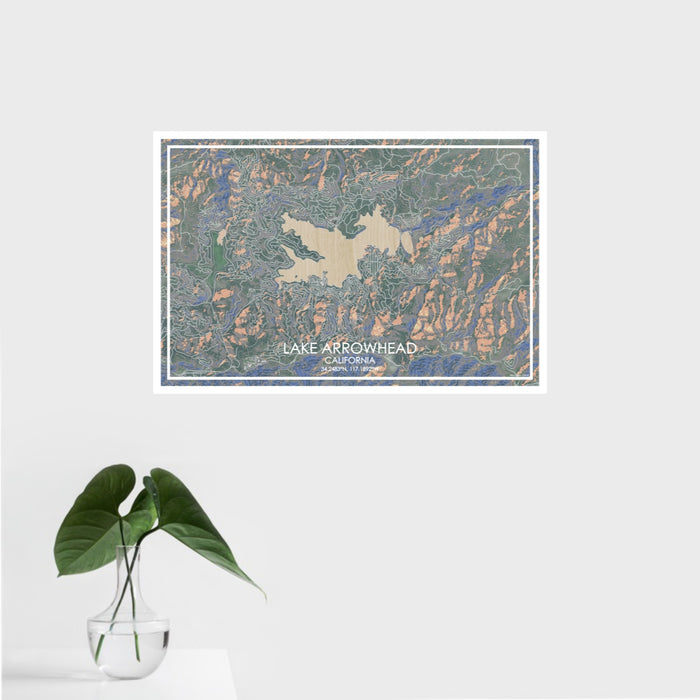 16x24 Lake Arrowhead California Map Print Landscape Orientation in Afternoon Style With Tropical Plant Leaves in Water