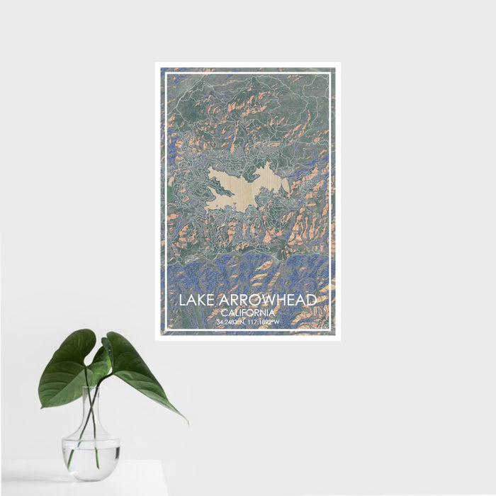 16x24 Lake Arrowhead California Map Print Portrait Orientation in Afternoon Style With Tropical Plant Leaves in Water