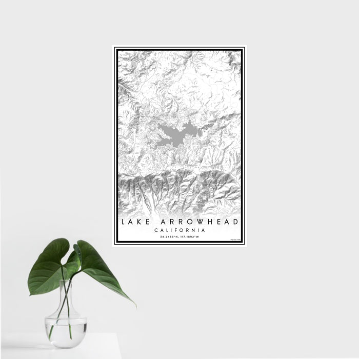 16x24 Lake Arrowhead California Map Print Portrait Orientation in Classic Style With Tropical Plant Leaves in Water