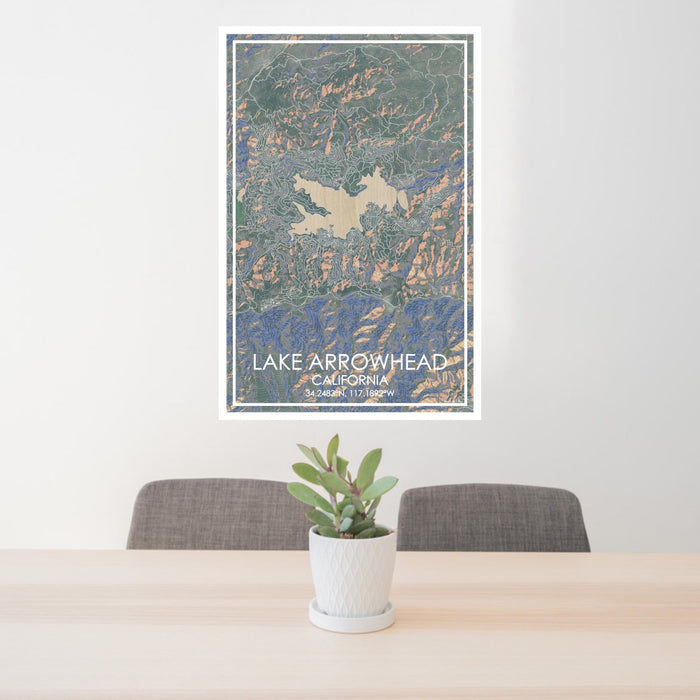 24x36 Lake Arrowhead California Map Print Portrait Orientation in Afternoon Style Behind 2 Chairs Table and Potted Plant