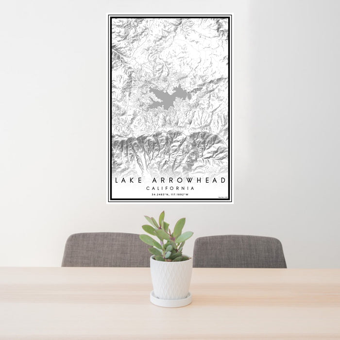 24x36 Lake Arrowhead California Map Print Portrait Orientation in Classic Style Behind 2 Chairs Table and Potted Plant