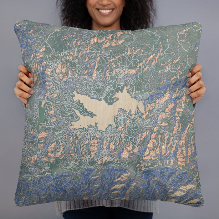 Person holding 22x22 Custom Lake Arrowhead California Map Throw Pillow in Afternoon